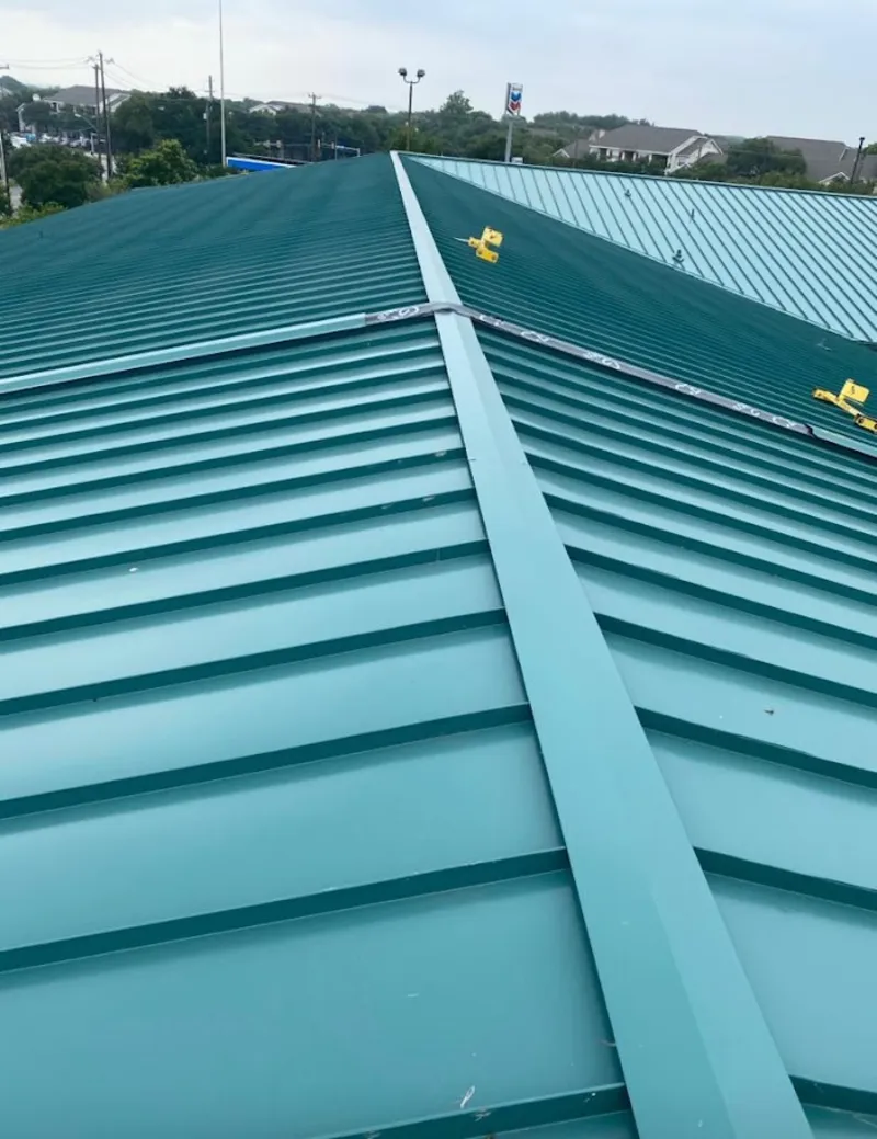 Green commercial metal roof ridge and valley for Metal Roof Repair in Pauls Valley